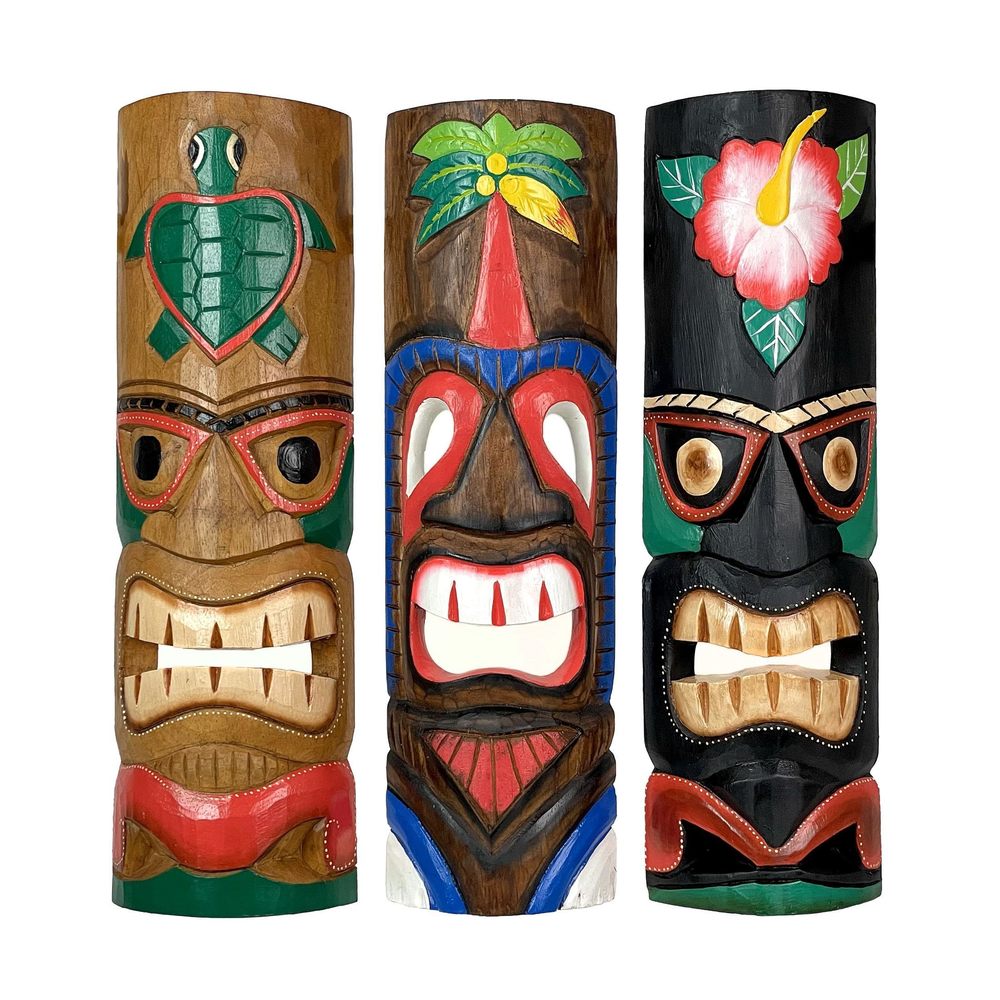 Set Of 3 Hand-carved Polynesian Tiki Masks, 20 Inches High, Crafted From😽